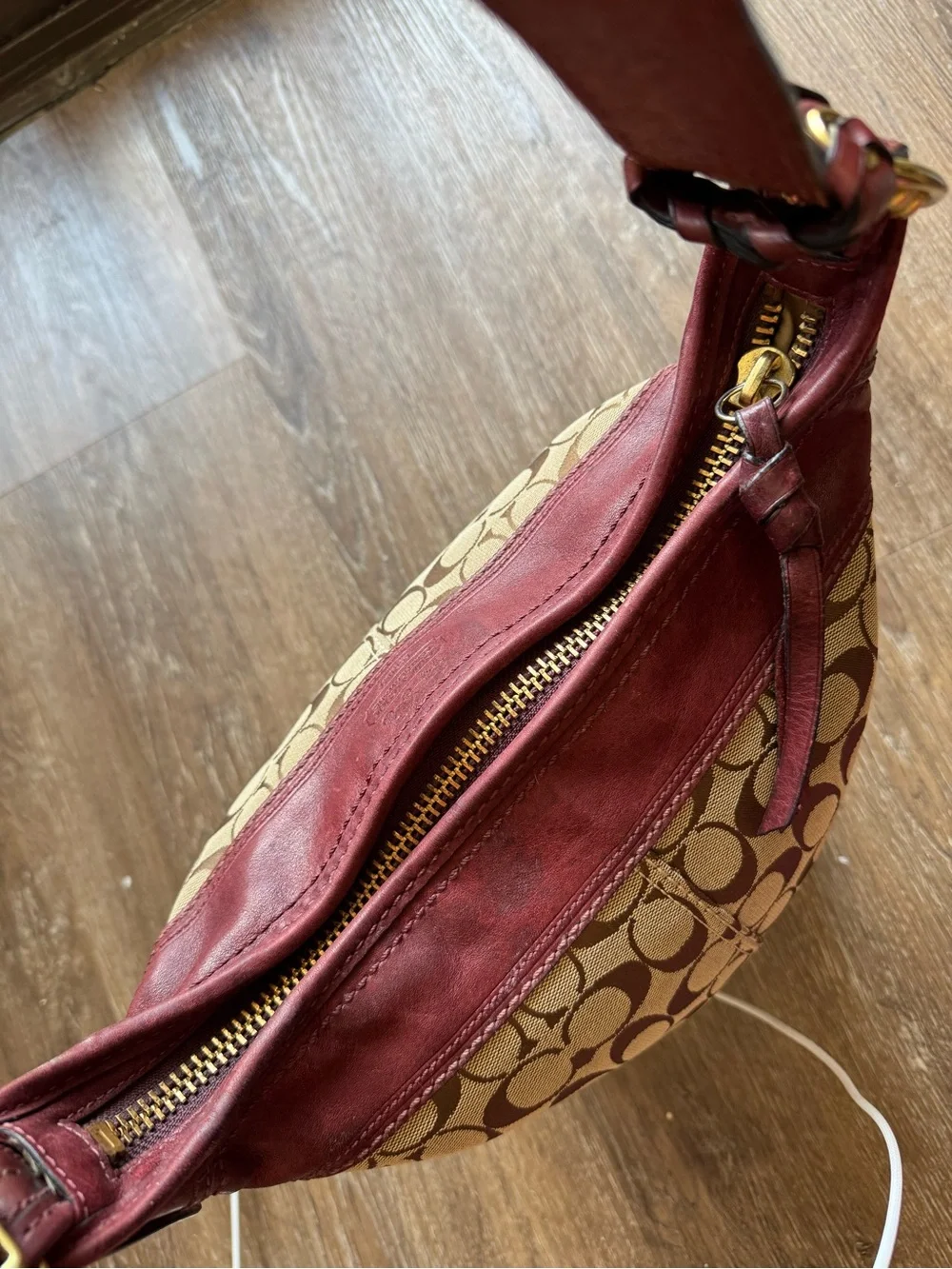 Coach Signature Canvas Bucket Bag with Burgundy Leather Trim